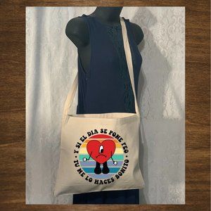 Bad Bunny Crossbody Messenger Cotton Canvas Tote Bag with Long Strap
